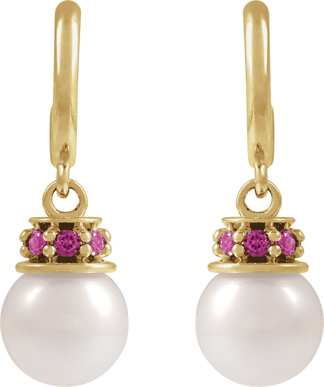 14K Gold Cultured White Freshwater Pearl & Natural Pink Tourmaline Pearl Hoop Earrings – 7mm Stones - Yellow Gold - view 2