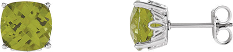 14K Gold Natural Peridot Cushion 4-Prong Scroll Setting Stud Earrings - White Gold