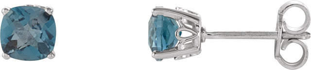 14K Gold Natural London Blue Topaz Cushion 4-Prong Scroll Setting Stud Earrings - White Gold