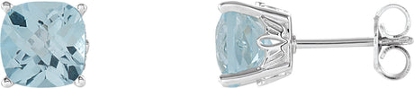 14K Gold Natural Sky Blue Topaz Cushion 4-Prong Scroll Setting Stud Earrings - White Gold