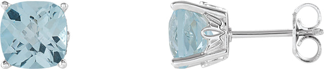 14K Gold Natural Sky Blue Topaz Cushion 4-Prong Scroll Setting Stud Earrings - White Gold