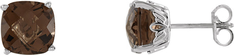 14K Gold Natural Smoky Quartz Cushion 4-Prong Scroll Setting Stud Earrings - White Gold