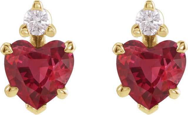 14K Gold Lab-Grown Ruby & Natural Diamond Accented Heart Earrings - Yellow Gold - view 2