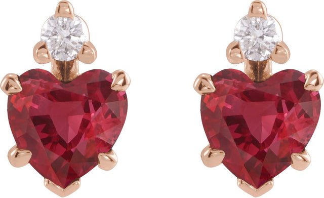14K Gold Lab-Grown Ruby & Natural Diamond Accented Heart Earrings - Rose Gold - view 2