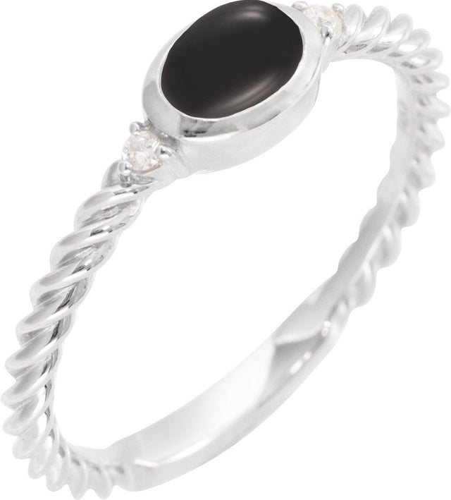 14K Gold Oval Natural Black Onyx & Natural Diamond Accented Cabochon Ring – 6x4mm - White Gold