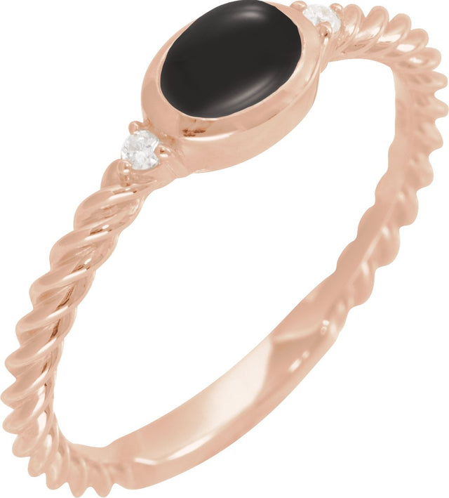 14K Gold Oval Natural Black Onyx & Natural Diamond Accented Cabochon Ring – 6x4mm - Rose Gold