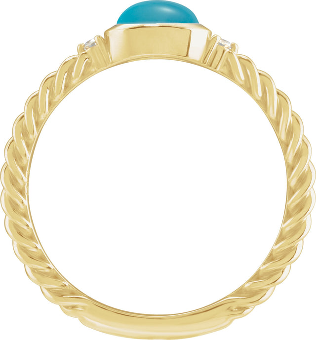 14K Gold Oval Natural Turquoise & Natural Diamond Accented Cabochon Ring – 6x4mm - Yellow Gold - view 2