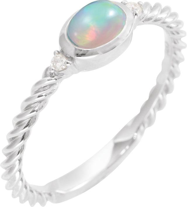Platinum Oval Natural Ethiopian Opal & Natural Diamond Accented Cabochon Ring – 6x4mm