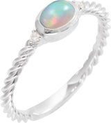 14K Gold Oval Natural Ethiopian Opal & Natural Diamond Accented Cabochon Ring – 6x4mm - White Gold