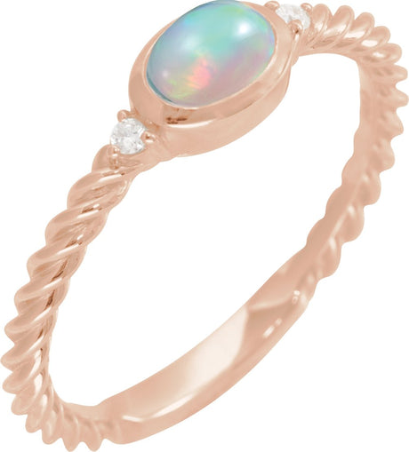 14K Gold Oval Natural Ethiopian Opal & Natural Diamond Accented Cabochon Ring – 6x4mm - Rose Gold