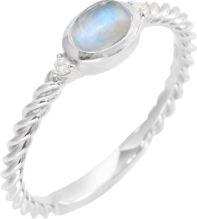 Platinum Oval Natural Rainbow Moonstone & Natural Diamond Accented Cabochon Ring
