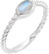 14K Gold Oval Natural Rainbow Moonstone & Natural Diamond Accented Cabochon Ring - White Gold