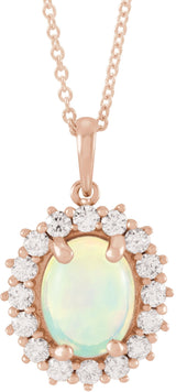 14K Gold Oval Natural Ethiopian Opal & Natural Diamond Halo-Style Necklace or Pendant – 8x6mm - Rose Gold