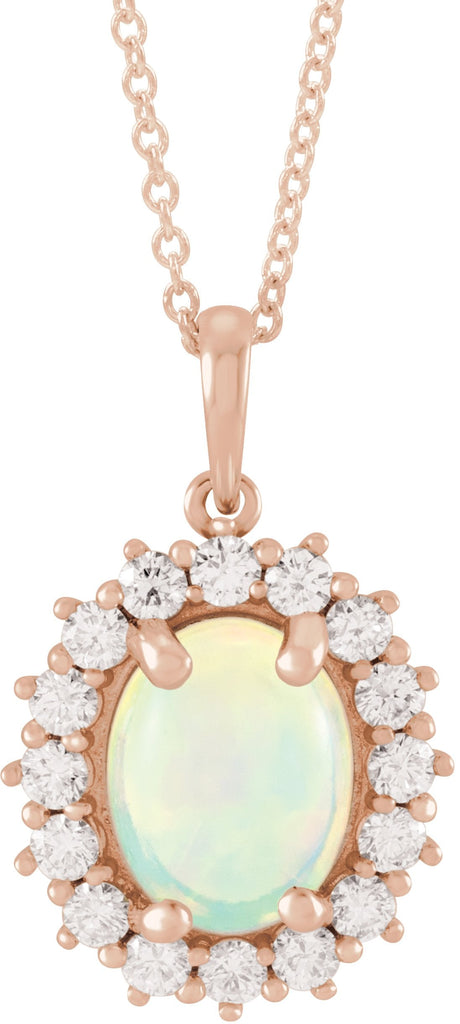 14K Gold Oval Natural Ethiopian Opal & Natural Diamond Halo-Style Necklace or Pendant – 8x6mm - Rose Gold