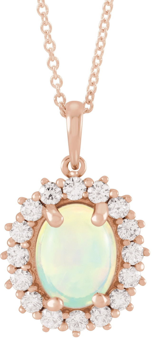 14K Gold Oval Natural Ethiopian Opal & Natural Diamond Halo-Style Necklace or Pendant – 8x6mm - Rose Gold