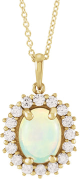 14K Gold Oval Natural White Ethiopian Opal & Natural Diamond Halo-Style Necklace or Pendant – 8x6mm