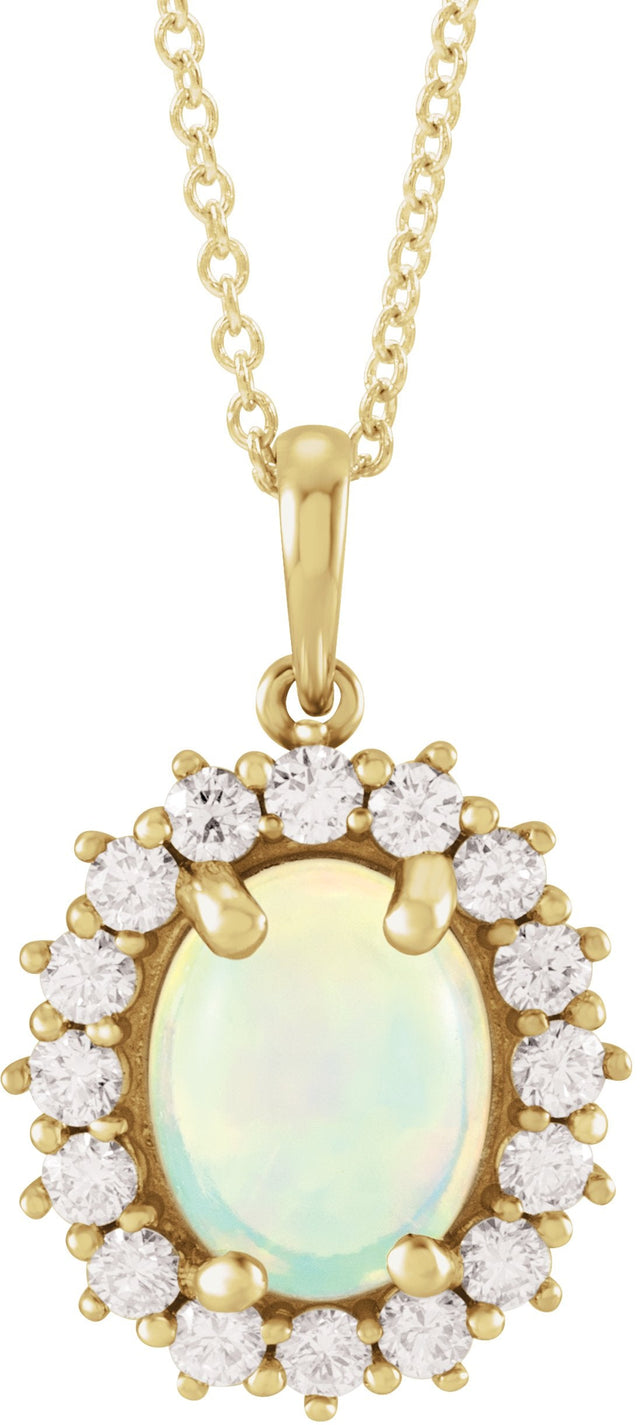 14K Gold Oval Natural White Ethiopian Opal & Natural Diamond Halo-Style Necklace or Pendant – 8x6mm