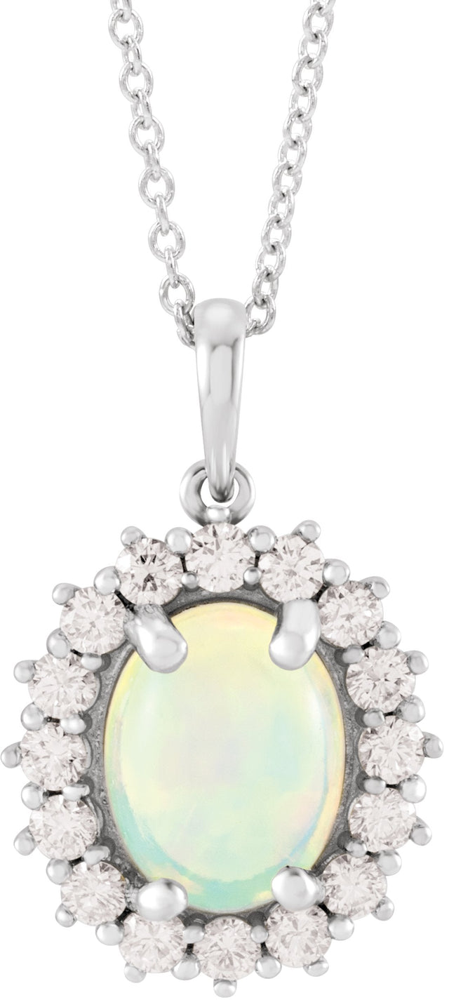 Platinum Oval Natural Ethiopian Opal & Natural Diamond Halo-Style Necklace or Pendant – 8x6mm