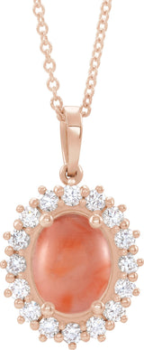 14K Gold Oval Natural Pink Coral & Natural Diamond Halo-Style Necklace or Pendant - Rose Gold