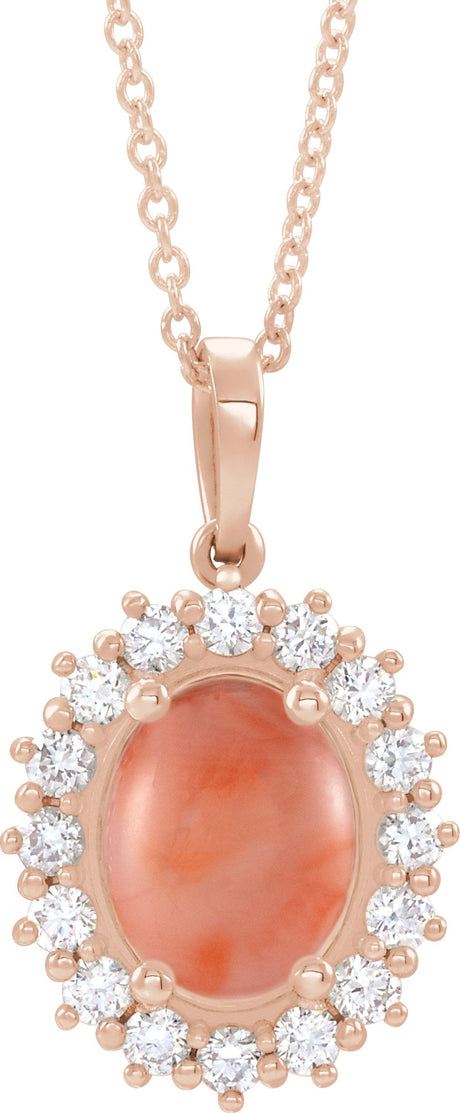 14K Gold Oval Natural Pink Coral & Natural Diamond Halo-Style Necklace or Pendant - Rose Gold