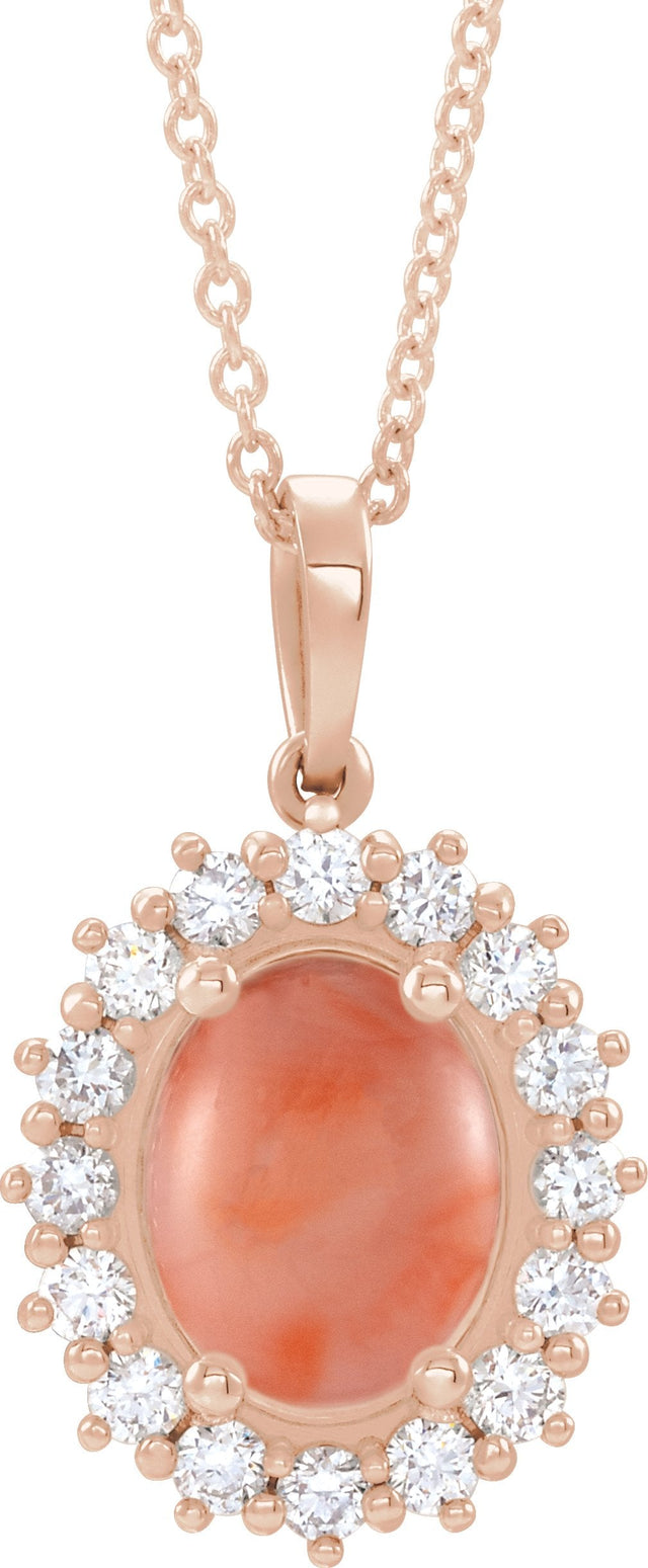 14K Gold Oval Natural Pink Coral & Natural Diamond Halo-Style Necklace or Pendant - Rose Gold