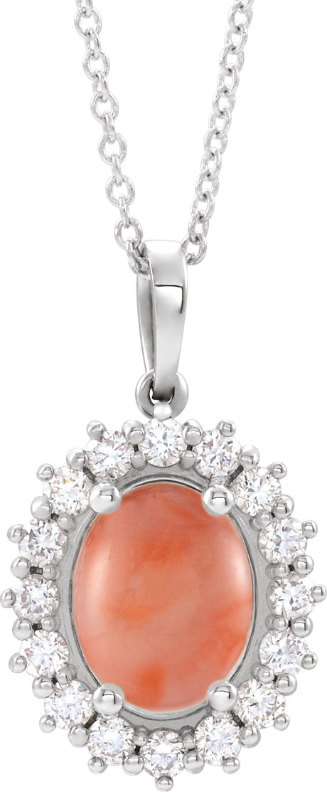 Platinum Oval Natural Pink Coral & Natural Diamond Halo-Style Necklace or Pendant