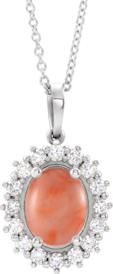 14K Gold Oval Natural Pink Coral & Natural Diamond Halo-Style Necklace or Pendant - White Gold