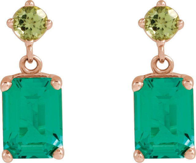 14K Gold Emerald Lab-Grown Emerald & Natural Peridot Accented Earrings - Rose Gold - view 2