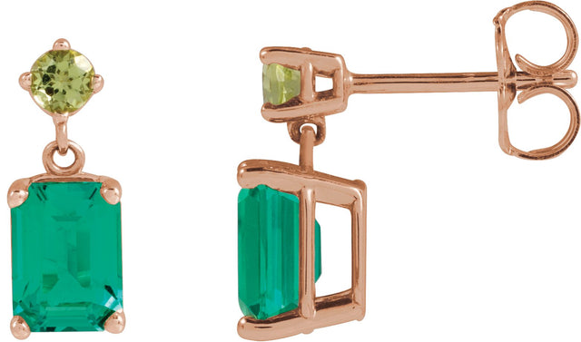 14K Gold Emerald Lab-Grown Emerald & Natural Peridot Accented Earrings - Rose Gold
