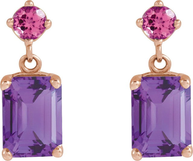 14K Gold Emerald Natural Amethyst & Natural Pink Tourmaline Accented Earrings - Rose Gold - view 2