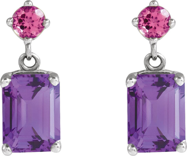 Platinum Emerald Natural Amethyst & Natural Pink Tourmaline Accented Earrings - view 2