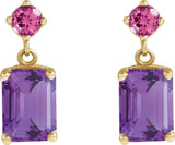 14K Gold Emerald Natural Amethyst & Natural Pink Tourmaline Accented Earrings - Yellow Gold - view 2