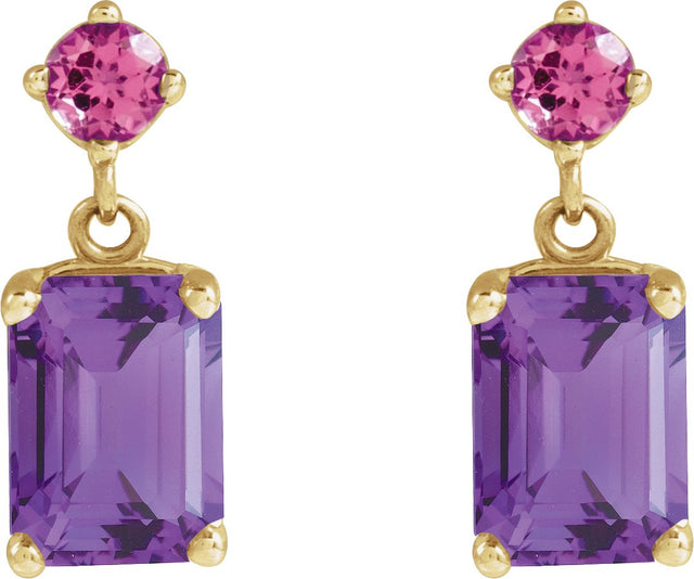 14K Gold Emerald Natural Amethyst & Natural Pink Tourmaline Accented Earrings - Yellow Gold - view 2