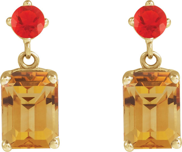 14K Gold Emerald Natural Citrine & Natural Mexican Fire Opal Accented Earrings - Yellow Gold - view 2