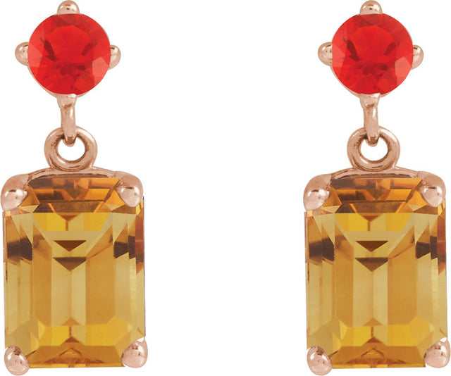 14K Gold Emerald Natural Citrine & Natural Mexican Fire Opal Accented Earrings - Rose Gold - view 2