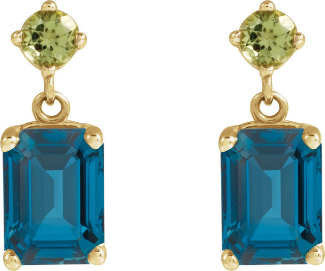 14K Gold Emerald Natural London Blue Topaz & Natural Peridot Accented Earrings - Yellow Gold - view 2