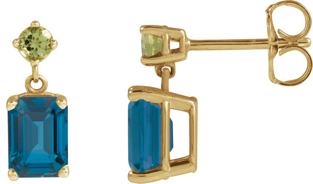 14K Gold Emerald Natural London Blue Topaz & Natural Peridot Accented Earrings - Yellow Gold