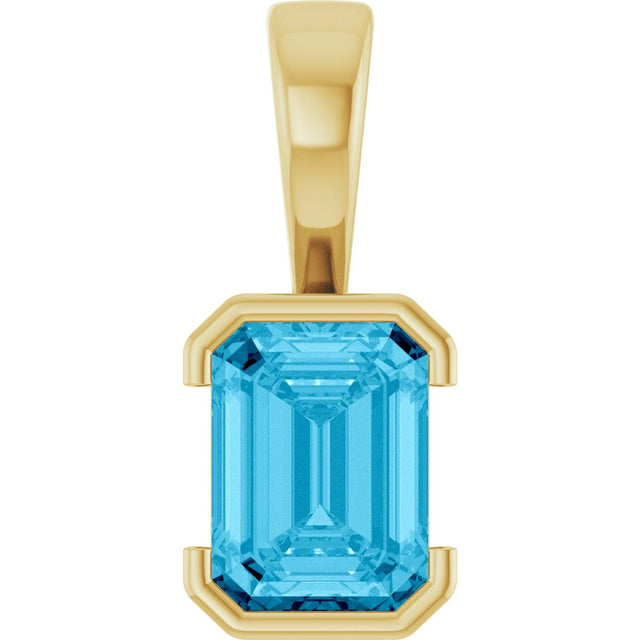 14K Gold Emerald Lab-Grown Aqua Sapphire Half-Bezel Solitaire Pendant