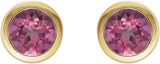 14K Gold Natural Pink Tourmaline Round Bezel-Set Birthstone Stud Earrings - Yellow Gold - view 4