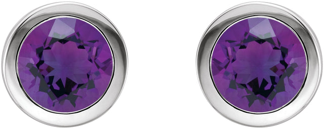 Platinum Natural Amethyst Round Bezel-Set Birthstone Stud Earrings - view 4