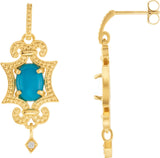 14K Gold Oval Natural Turquoise & Natural Diamond Granulated Earrings - Yellow Gold