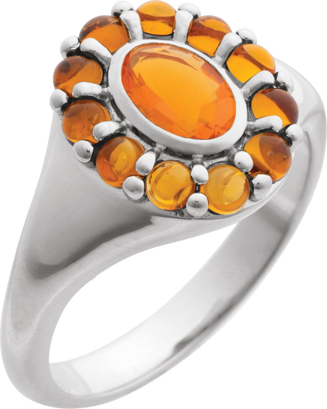 14K Gold Oval Natural Mexican Fire Opal & Natural Citrine Halo-Style Ring - White Gold