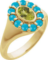 14K Gold Oval Natural Peridot & Natural Turquoise Halo-Style Ring - Yellow Gold