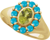 14K Gold Oval Natural Peridot & Natural Turquoise Halo-Style Ring - Yellow Gold - view 4