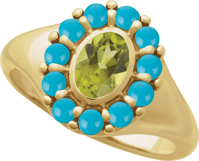 14K Gold Oval Natural Peridot & Natural Turquoise Halo-Style Ring - Yellow Gold - view 4