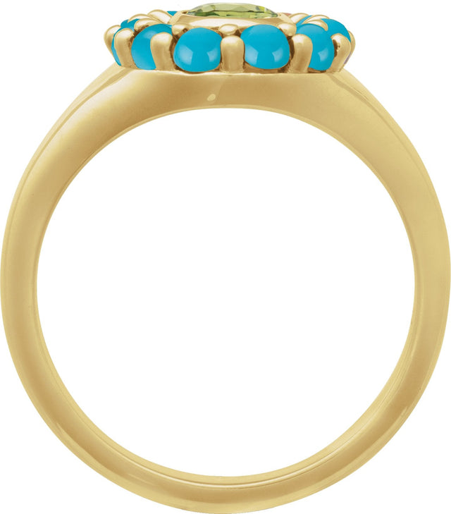 14K Gold Oval Natural Peridot & Natural Turquoise Halo-Style Ring - Yellow Gold - view 2
