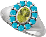 14K Gold Oval Natural Peridot & Natural Turquoise Halo-Style Ring - White Gold - view 4