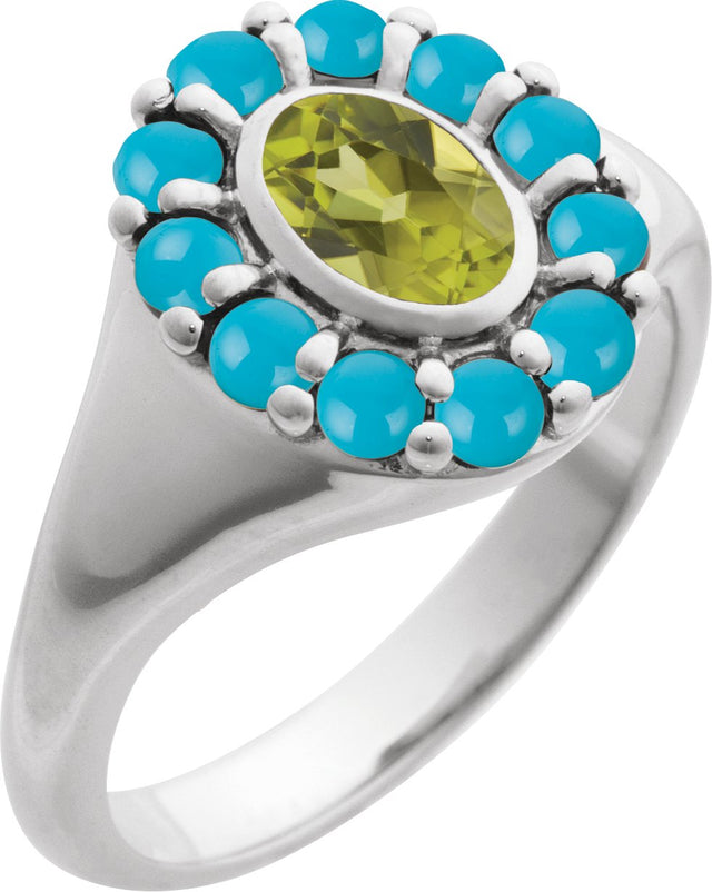 14K Gold Oval Natural Peridot & Natural Turquoise Halo-Style Ring - White Gold