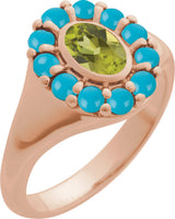 14K Gold Oval Natural Peridot & Natural Turquoise Halo-Style Ring - Rose Gold