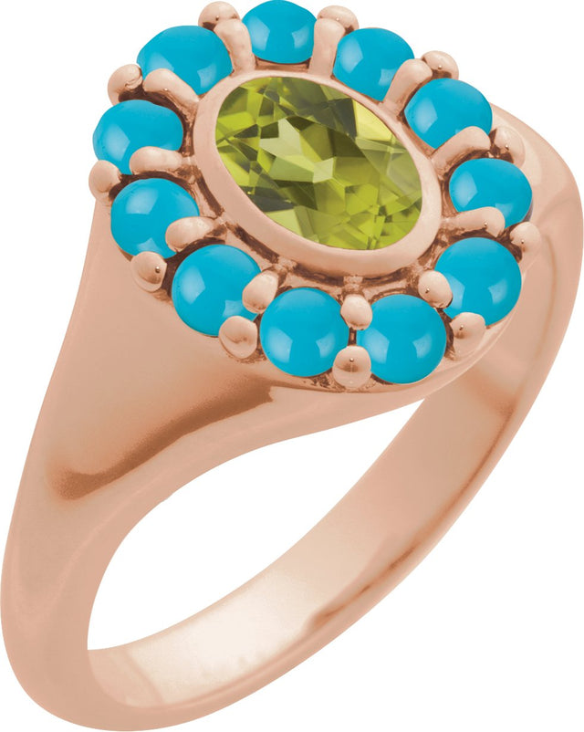 14K Gold Oval Natural Peridot & Natural Turquoise Halo-Style Ring - Rose Gold